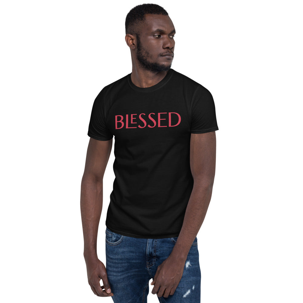 Unisex soft-style black T-shirt with BLESSED in Red letters