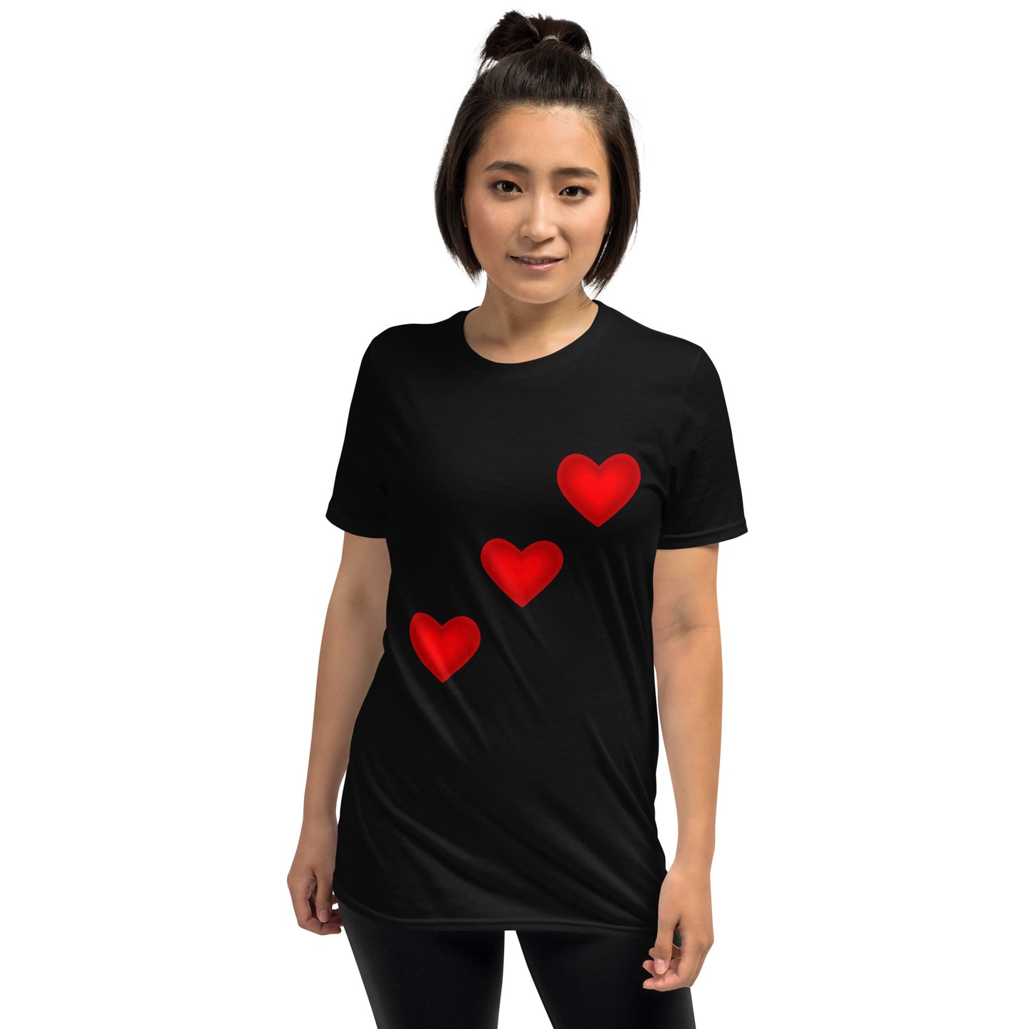 Unisex soft-style Black t-shirt with three red hearts