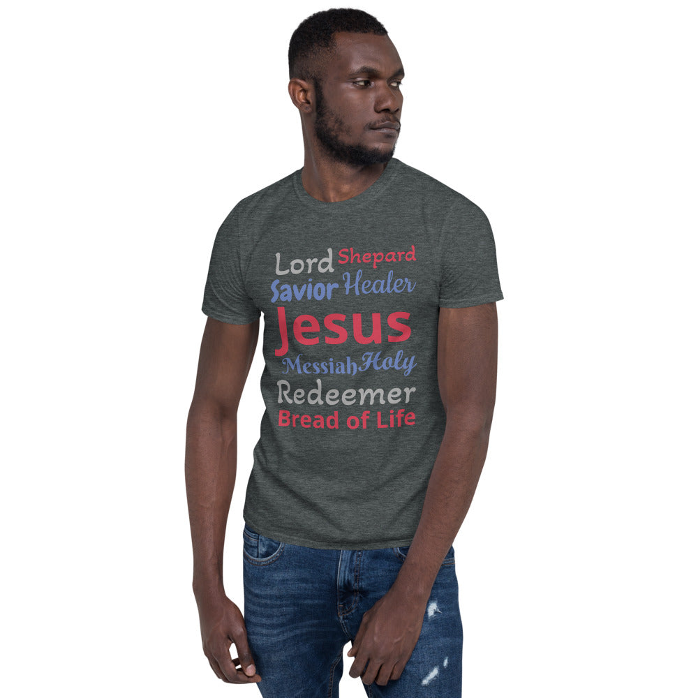 Dark Grey Unisex t-shirt with Lord, Shepard, Savior, Jesus, Messiah, Holy, Redeemer in different color letters