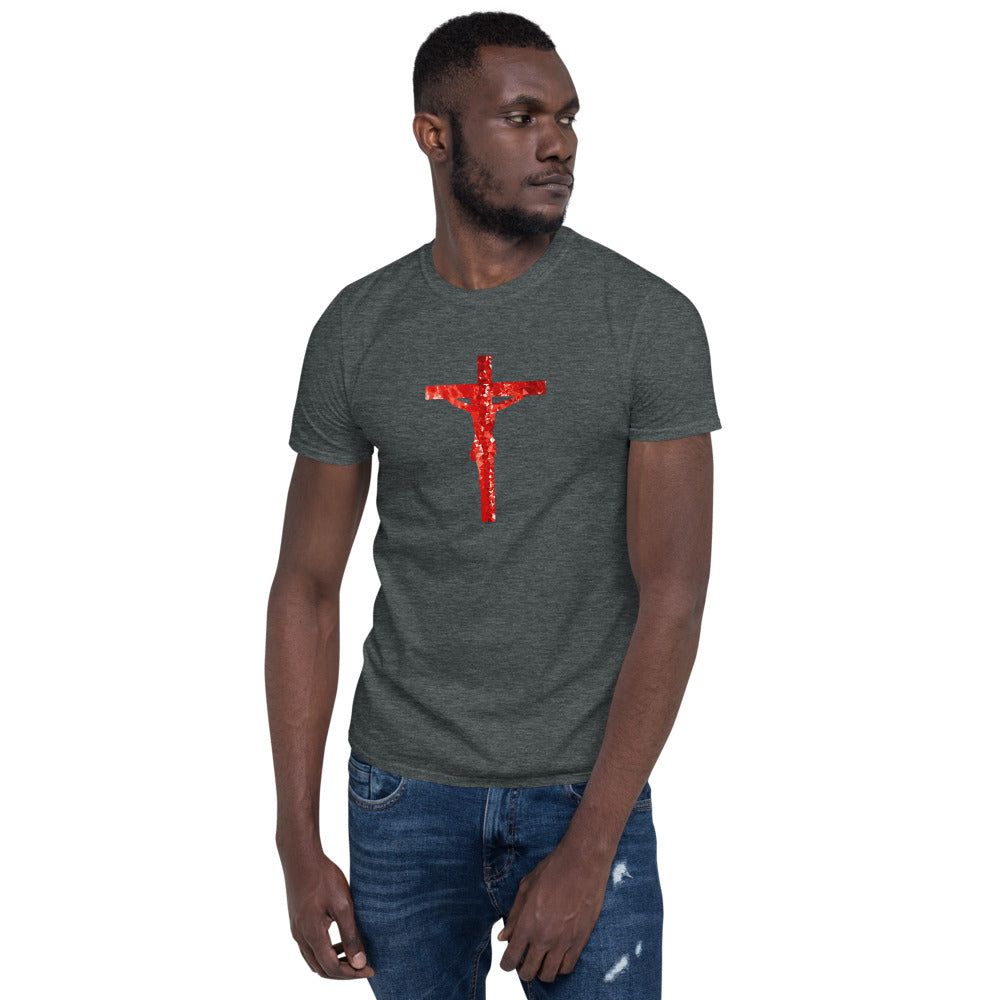 Unisex dark grey T-shirt with Jesus Christ hanging on a red cross