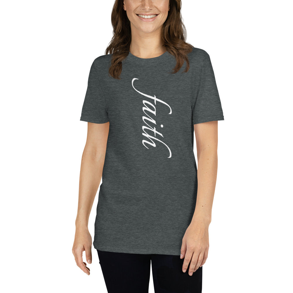 Unisex soft-style dark heather t-shirt with FAITH in white letters