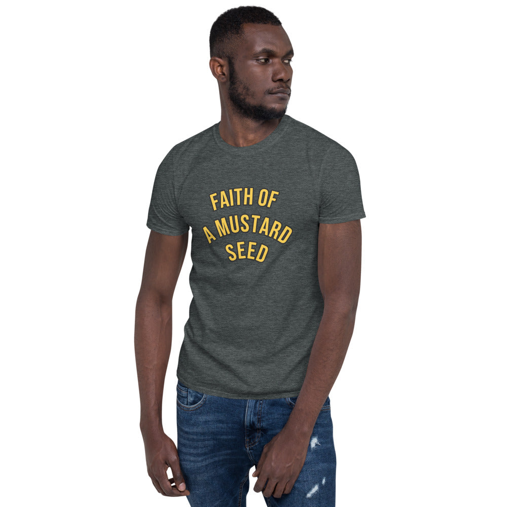 Unisex soft-style dark heather with FAITH OF A MUSTARD SEED in Yellow letters