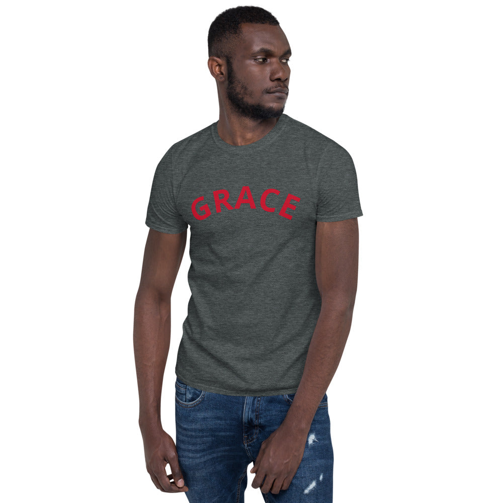 Unisex soft-style dark heather with GRACE in Red letters