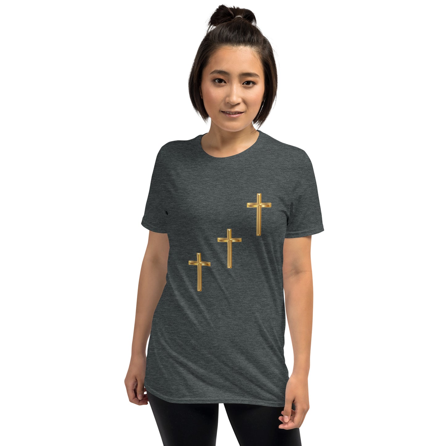 Unisex soft-style Dark Heather t-shirt with three gold crosses