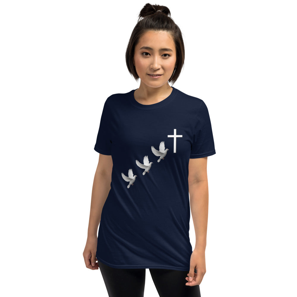Unisex soft-style Navy t-shirt with three white doves and a white cross