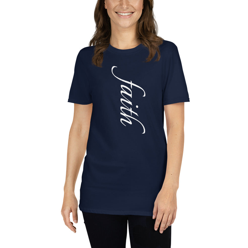 Unisex soft-style Navy t-shirt with FAITH written in White letters