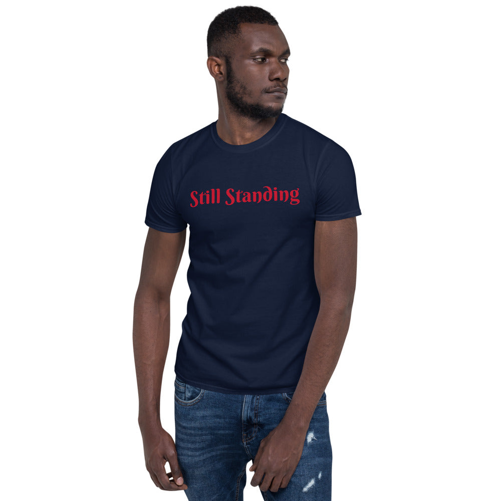 Unisex soft-style Navy t-shirt with STILL STANDING in Red letters