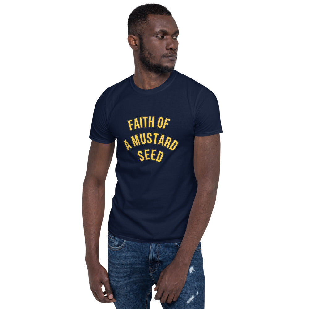 Unisex soft-style Navy t-shirt with FAITH OF A MUSTARD SEED in Yellow letters