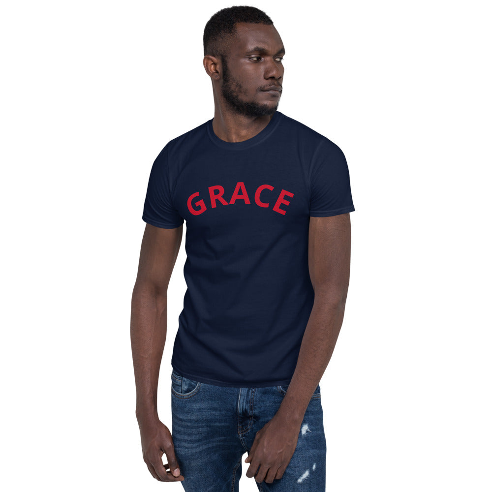 Unisex soft-style Navy T-shirt with GRACE in Red letters