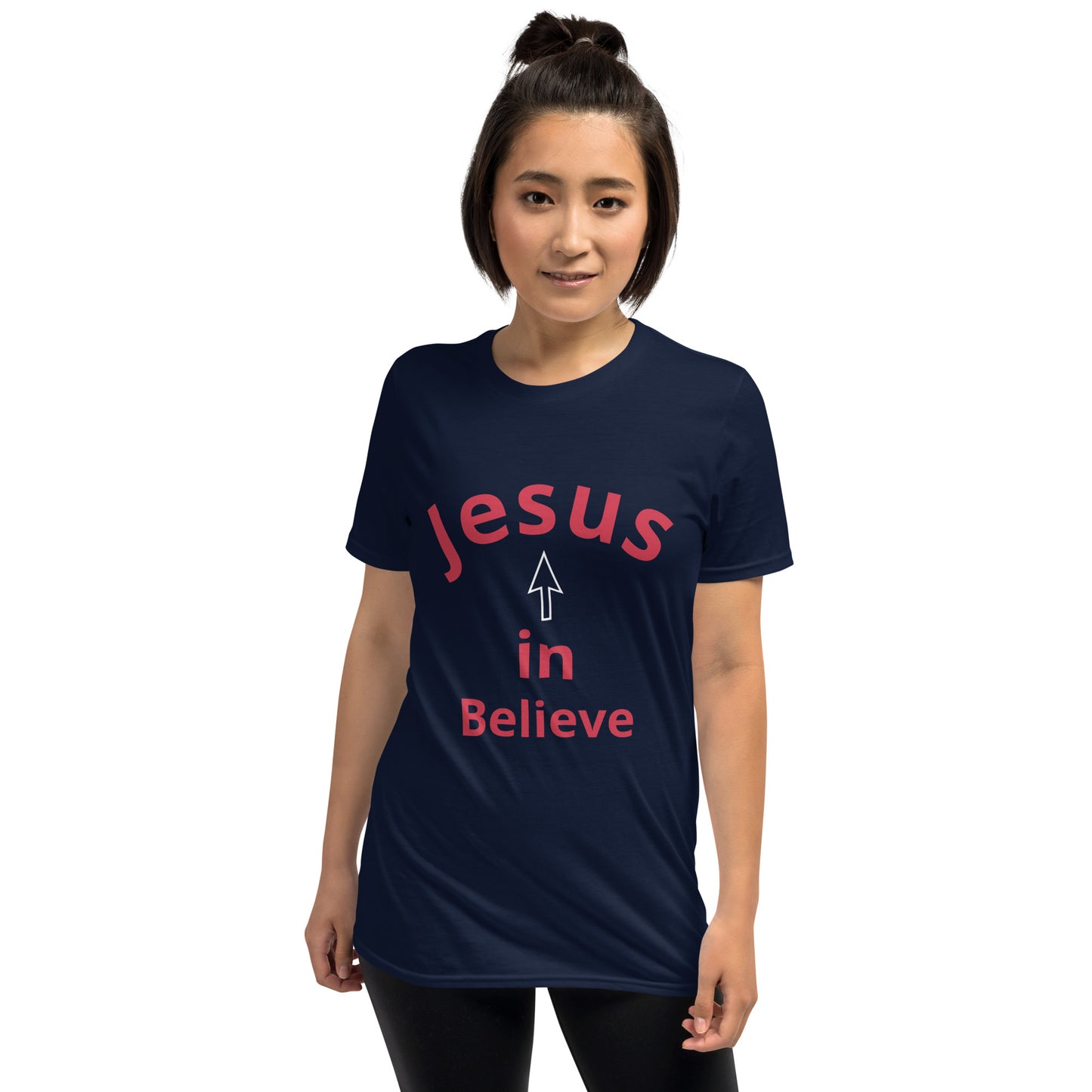 Unisex soft-style Blue T-shirt with Believe in Jesus in Red letters with a White arrow