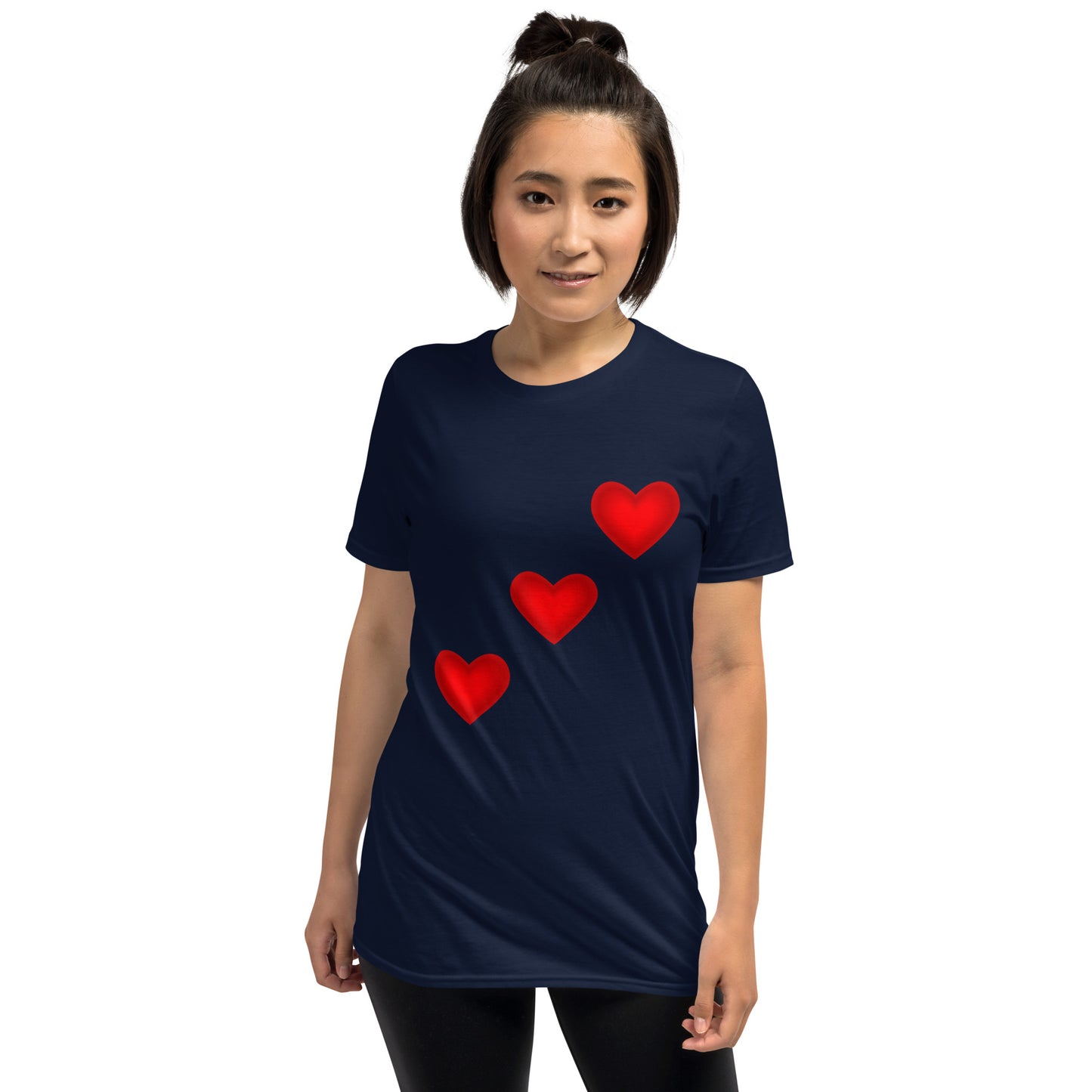Unisex soft-style Navy t-shirt with three red hearts