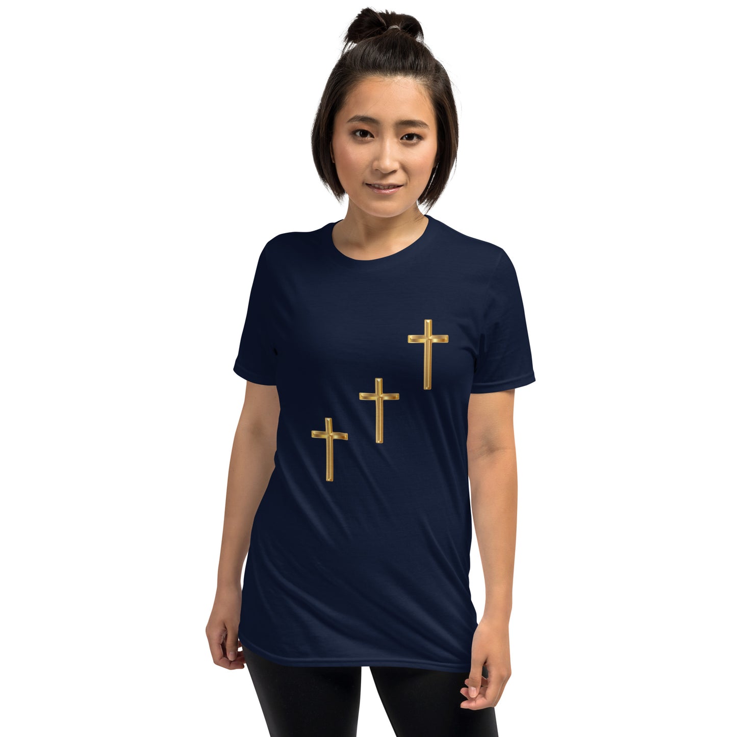 Unisex soft-style Navy t-shirt with three gold crosses