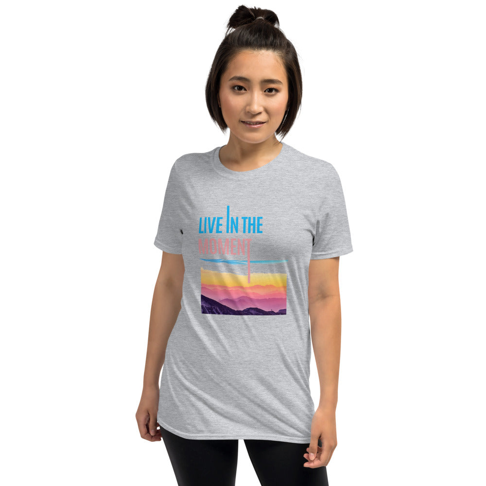 Light Grey Unisex Short-Sleeve T-Shirt with Live In The Moment in Blue/Pink/Yellow letters