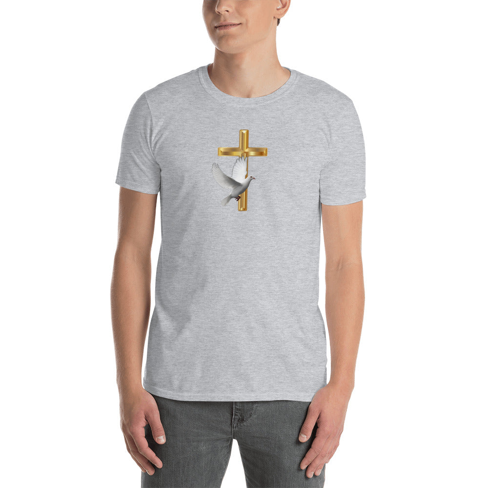Unisex Sport Grey T-Shirt with Gold Cross and a White Dove