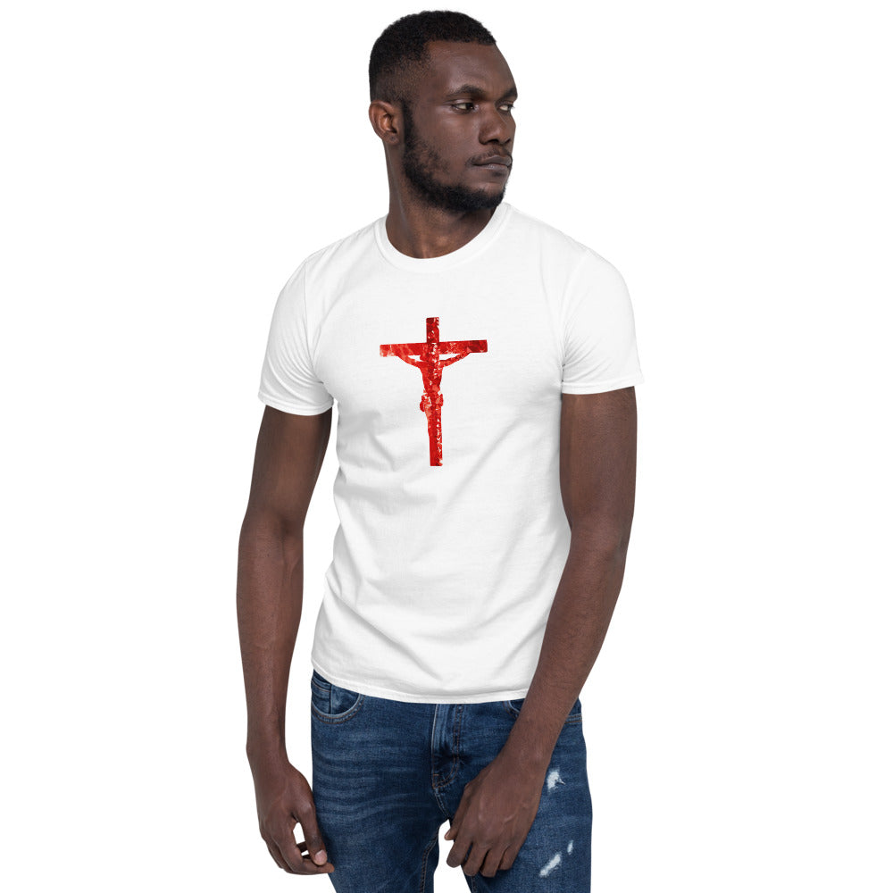 Unisex whiteT-shirt with Jesus Christ hanging on a red cross