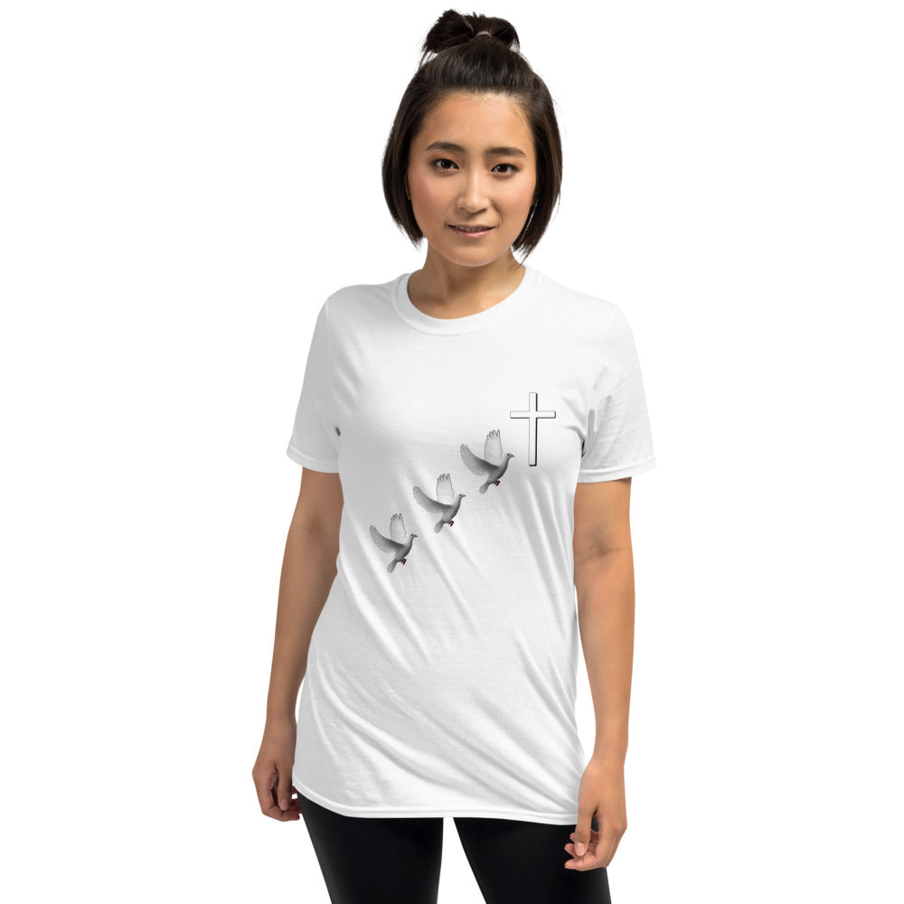 Unisex soft-style white t-shirt with three white doves and a white cross