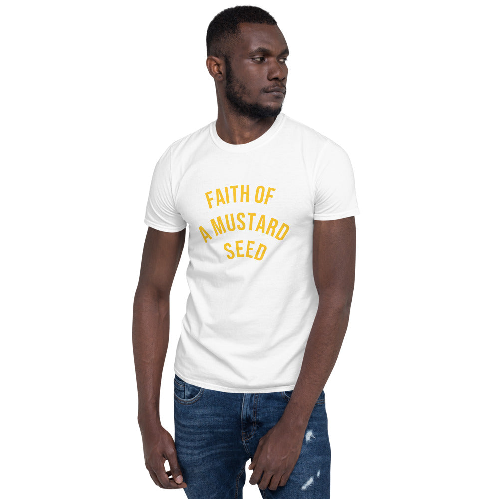 Unisex soft-style White t-shirt with FAITH OF A MUSTARD SEED in Yellow letters