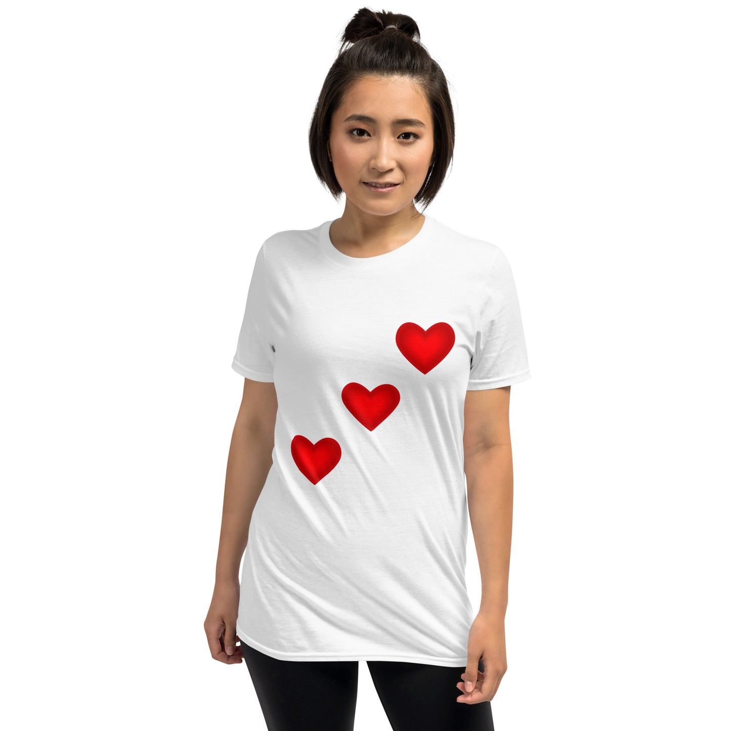 Unisex soft-style White t-shirt with three red hearts