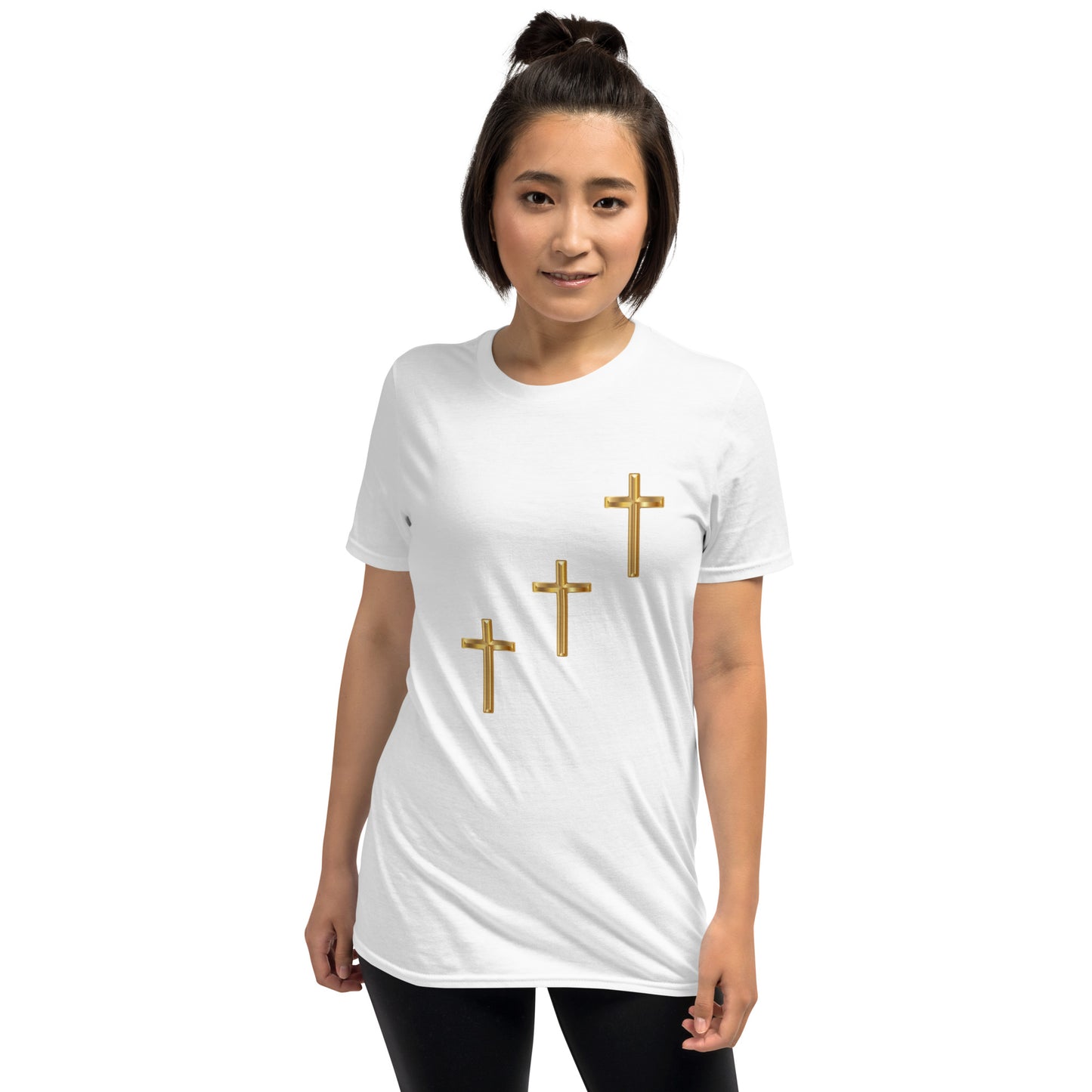 Uniserx soft-style white t-shirt with three gold crosses