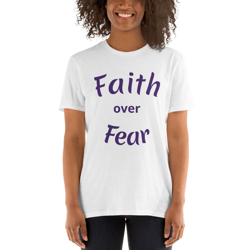 Unisex White T-shirt with Faith over Fear written in Purple letters