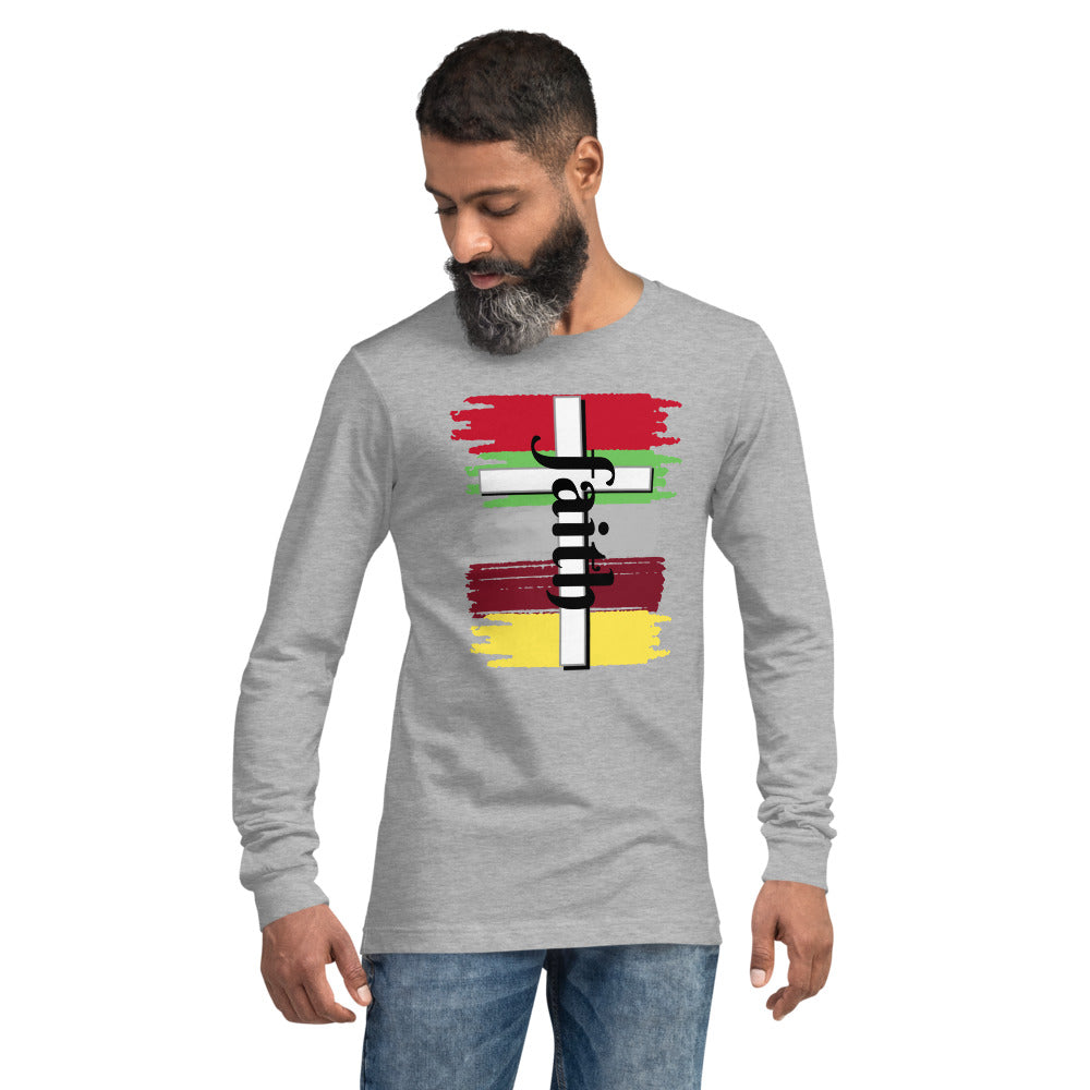 Unisex Athletic heather Tee with five different brush strokes with a white cross and faith in Black letters