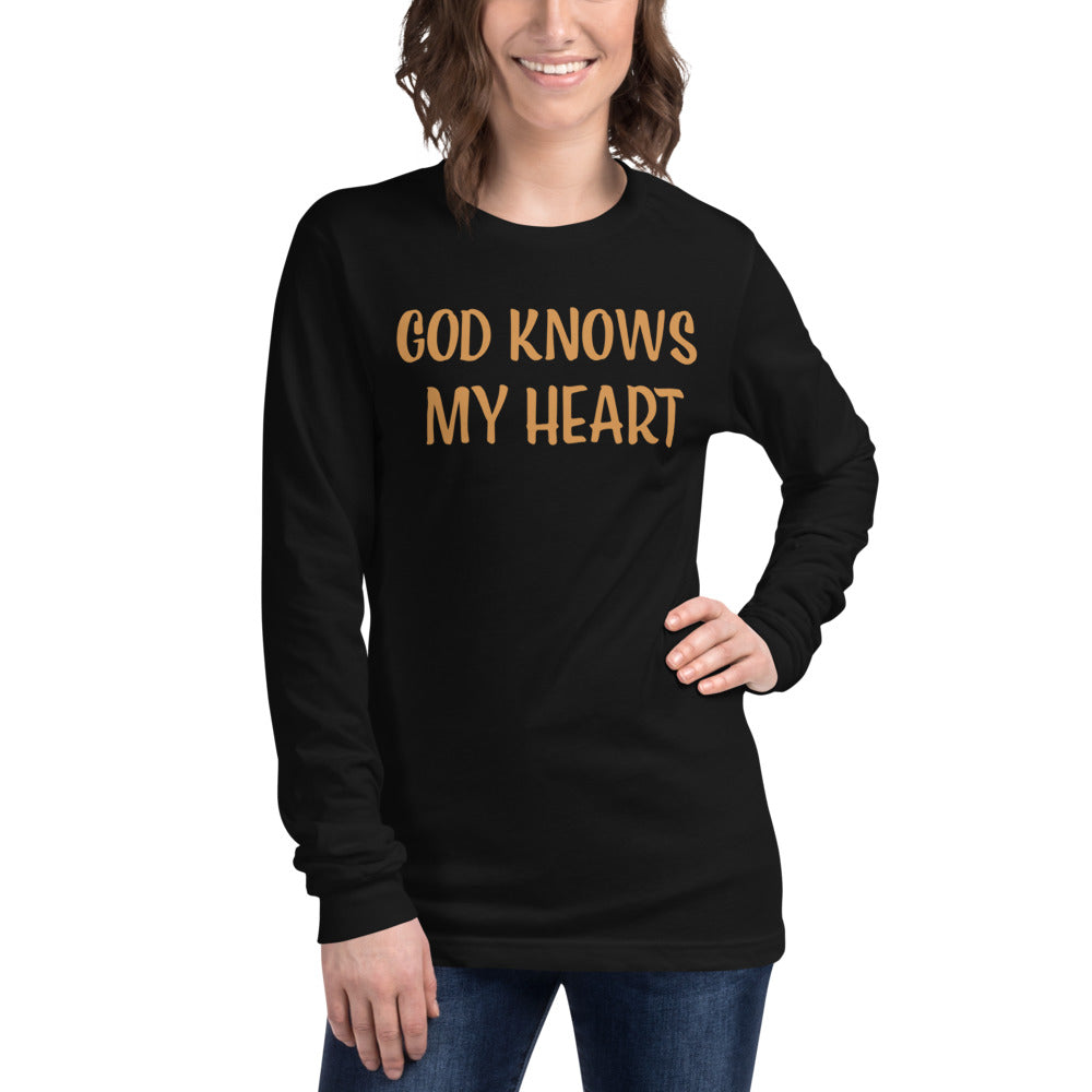 Unisex Black Long-Sleeve Tee with God Knows my Heart in Gold letters