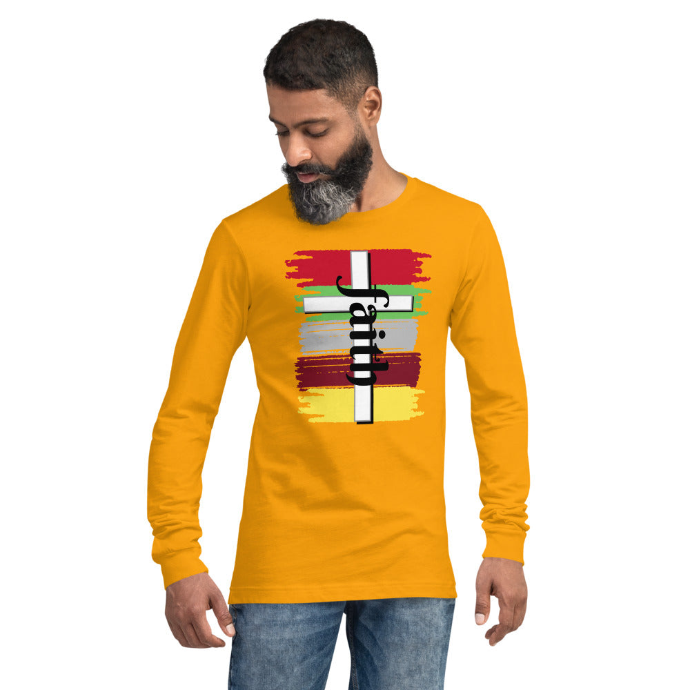 Unisex Gold Long-Sleeve Tee with five different strokes and a White Tee with Faith in Black letters