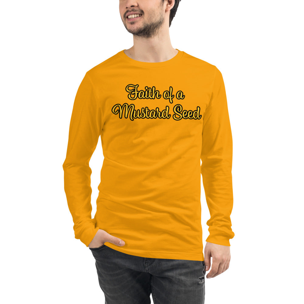 Unisex Gold long-sleeve tee with Faith of A Mustard Seed in Yellow letters and outlined in black