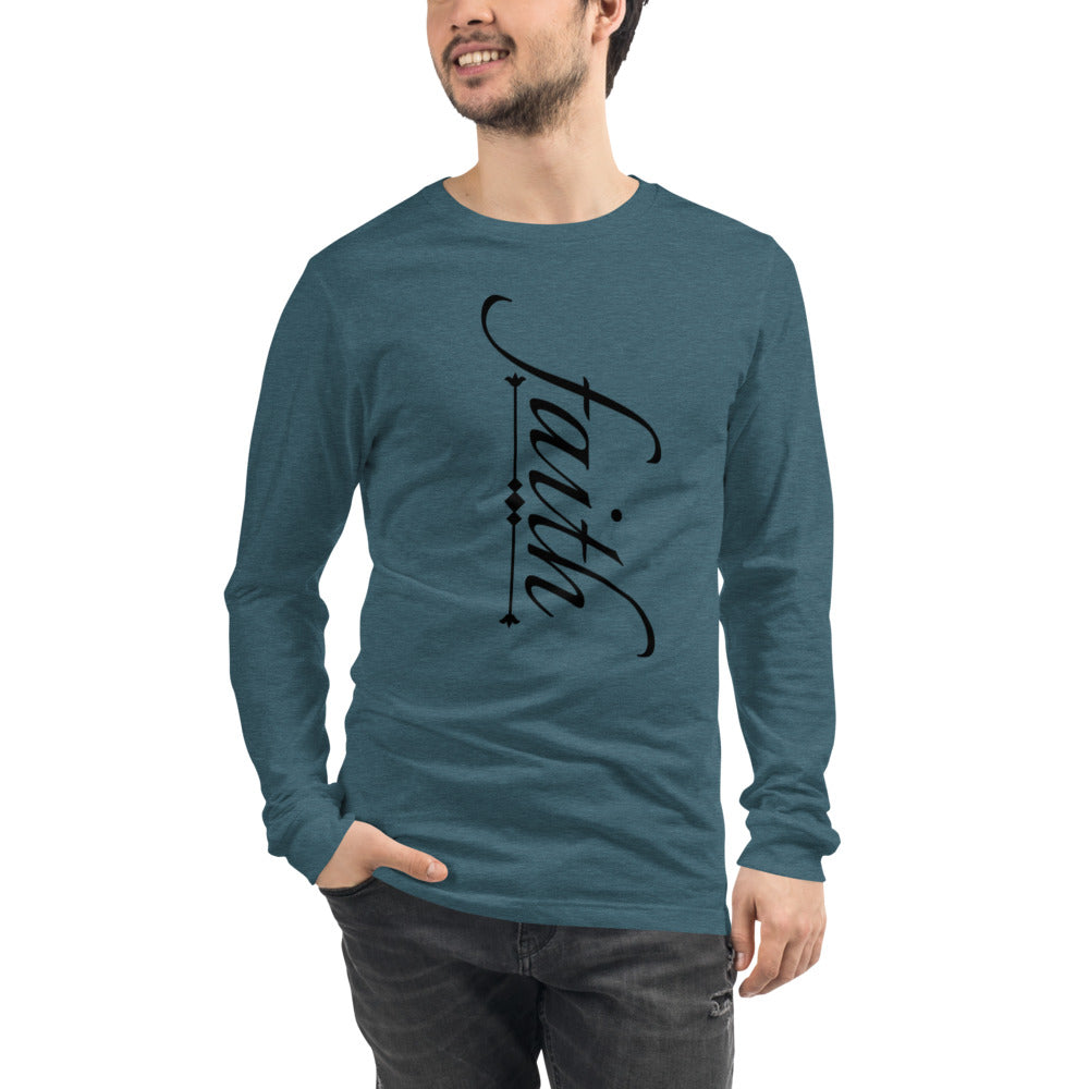 Unisex Teal long-sleeve tee with faith in black letters and a black symbol