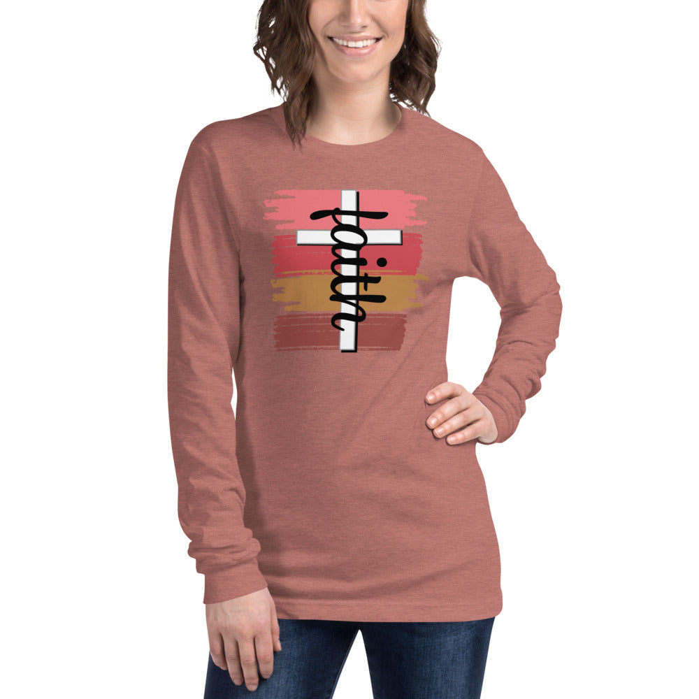 Mauve Unisex Long-Sleeve Tee with faith in Black, White cross and four different brush colors