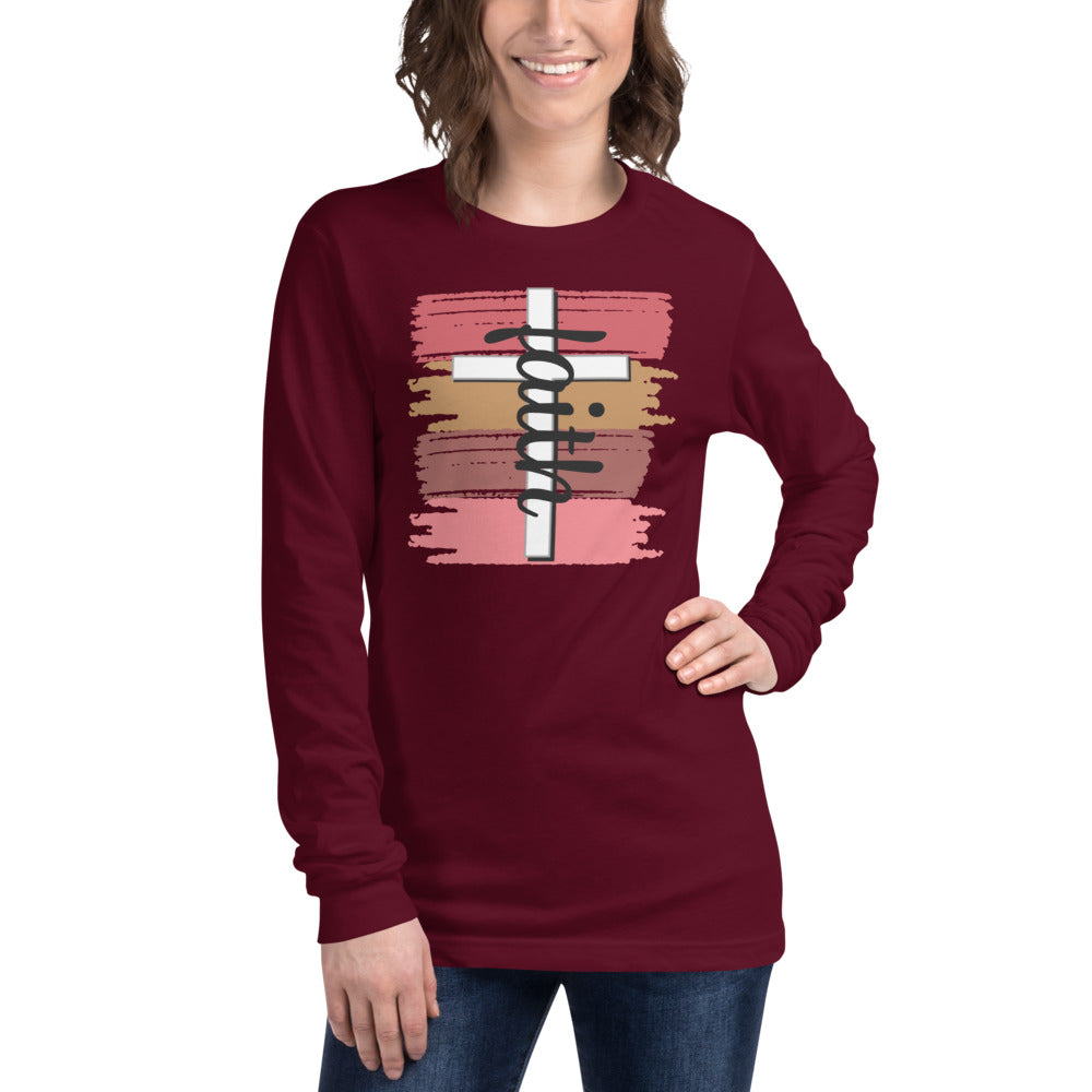 Maroon Unisex Long-Sleeve Tee with faith in Black, White cross and four different brush colors
