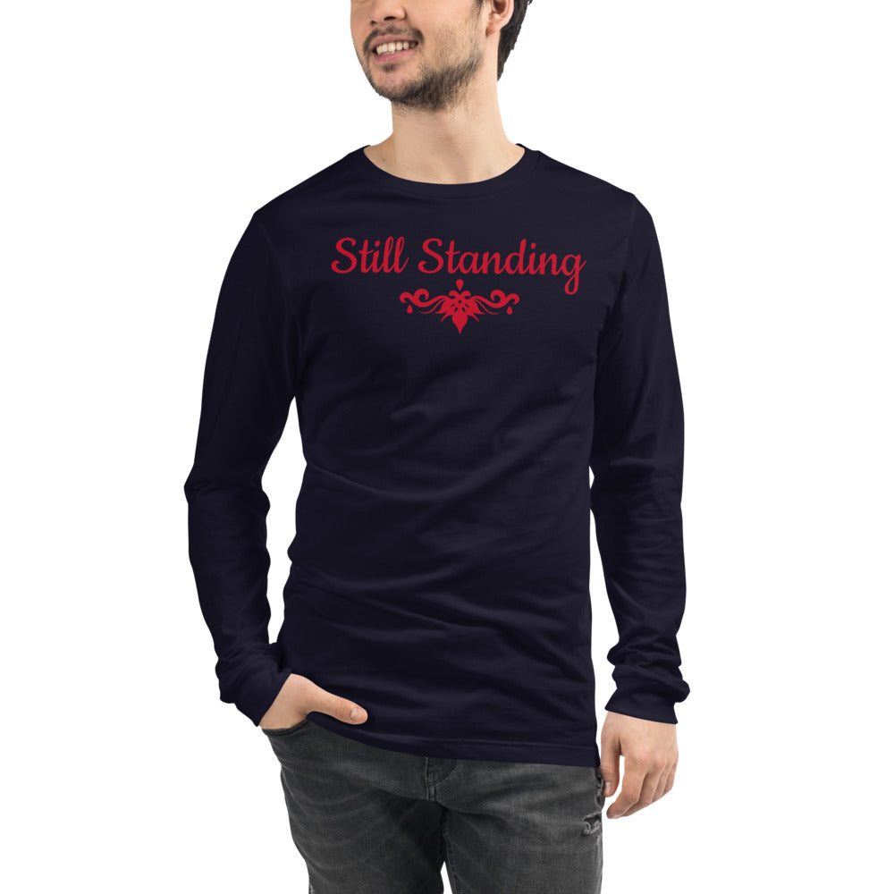 Navy Unisex Long-Sleeve Tee with Still Standing in Red letters and a red symbol