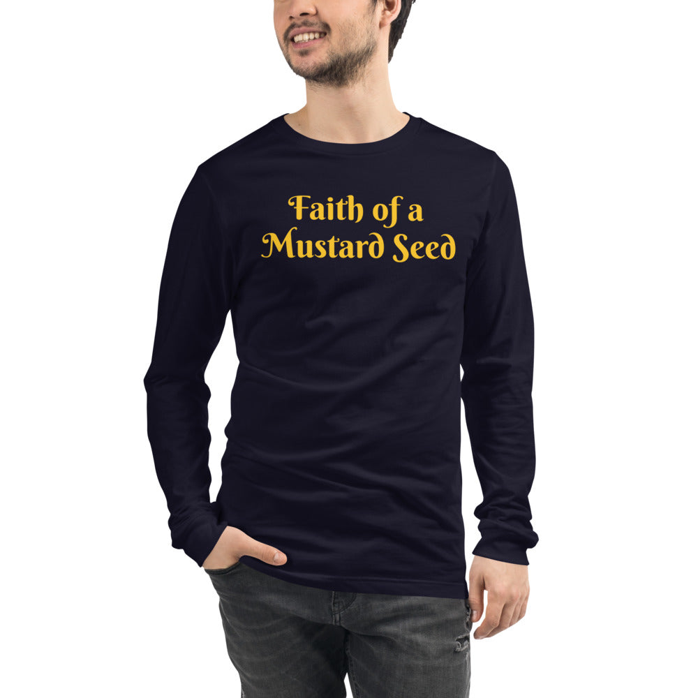 Unisex Navy long-sleeve tee with Faith of A Mustard Seed in Yellow letters and outlined in black