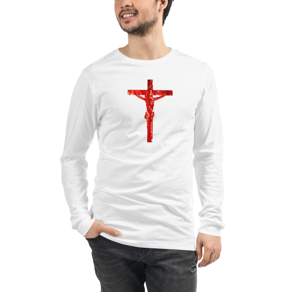 Unisex White Long-Sleeve Tee with Jesus Christ hanging on a Red Cross