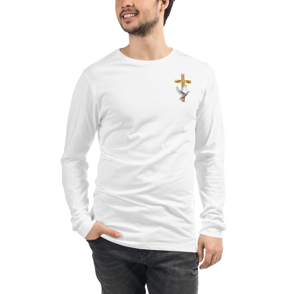White Unisex Long-Sleeve Tee with a Gold Cross and a White Dove