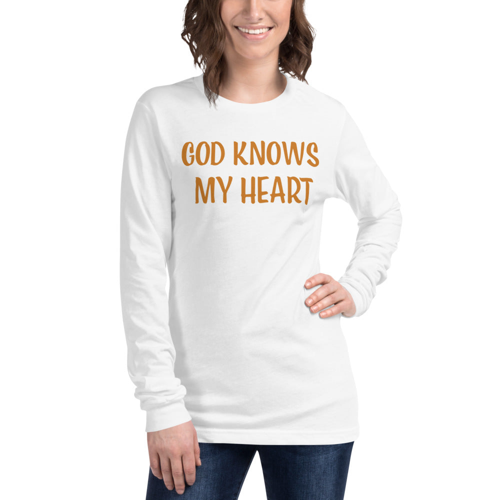 Unisex White Long-Sleeve Tee with God Knows My heart in Gold letters