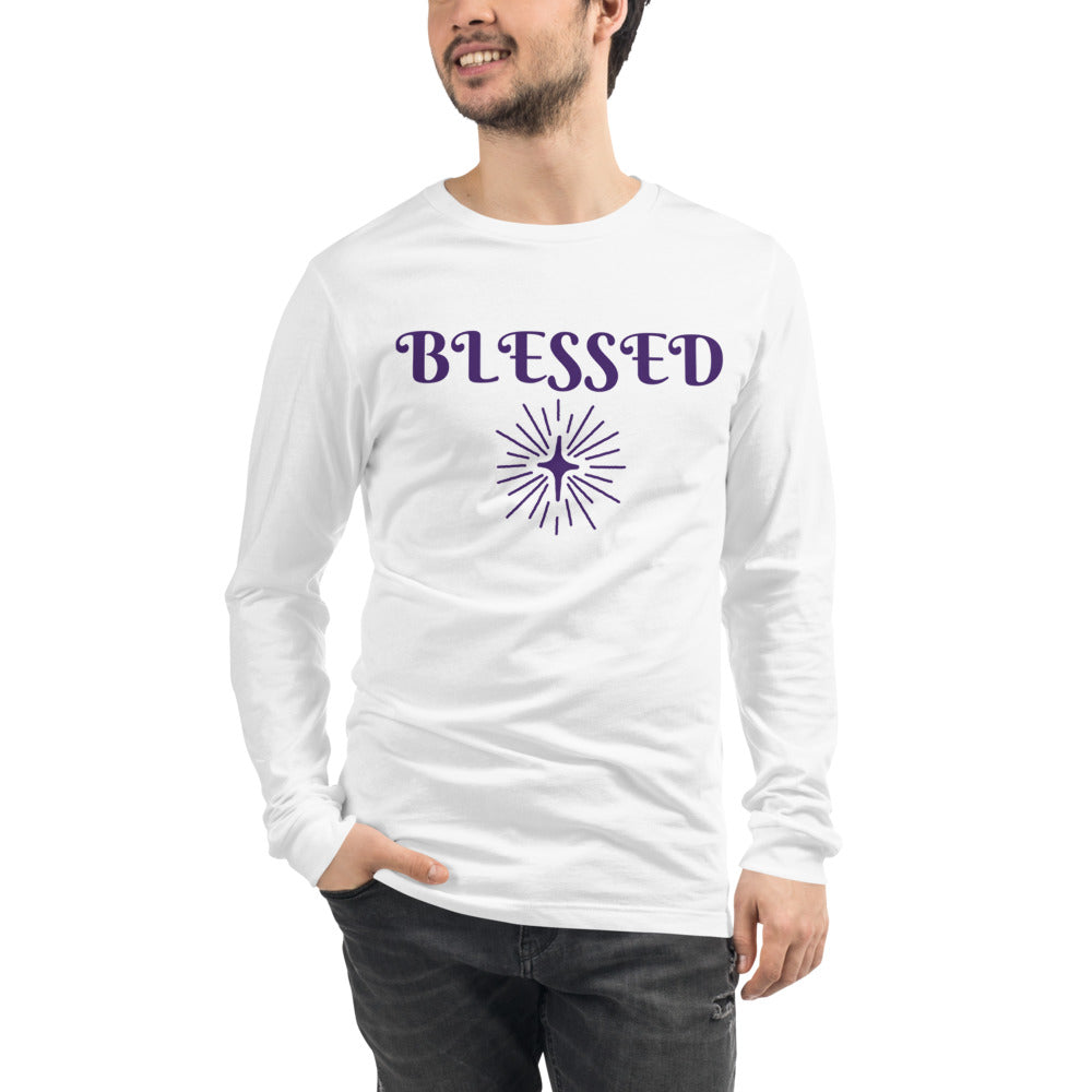 Unisex long-sleeve Tee with BLESSED in purple in a purple star