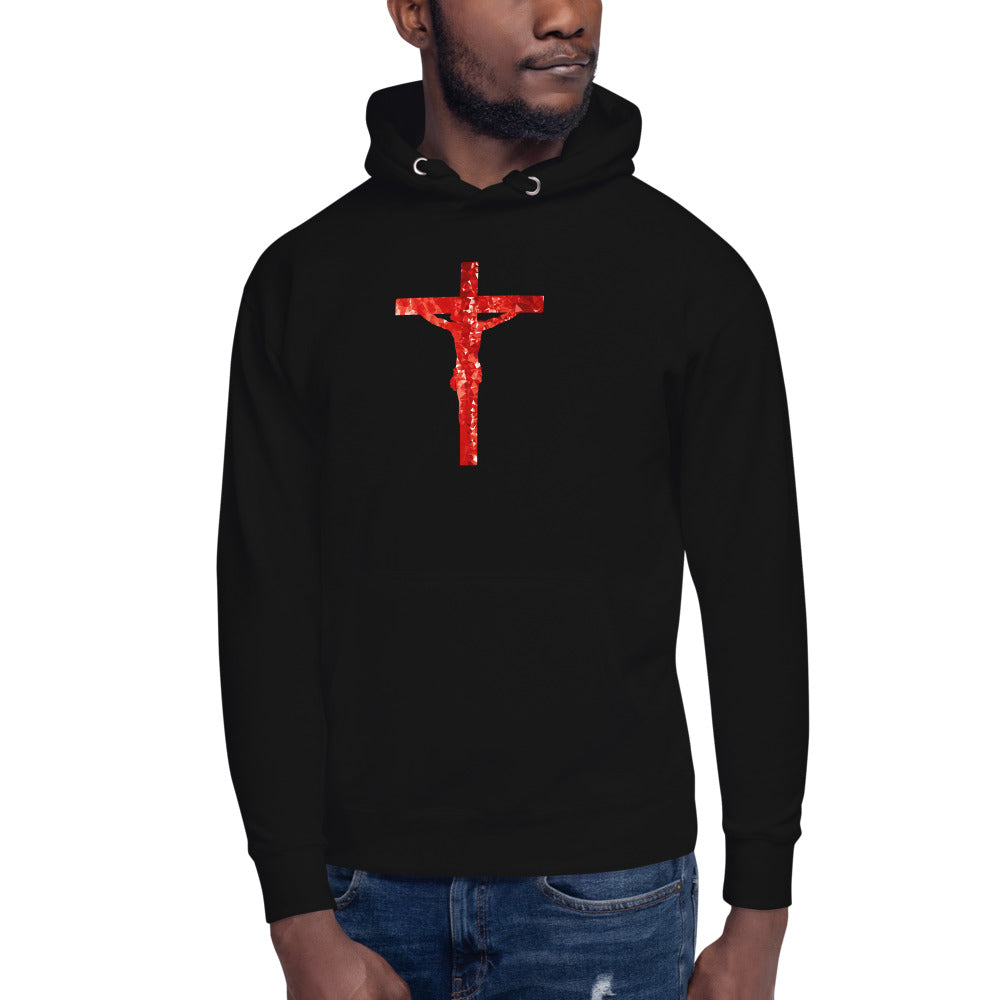 Unisex Black Hoodie with Jesus Christ hanging on a Red Cross