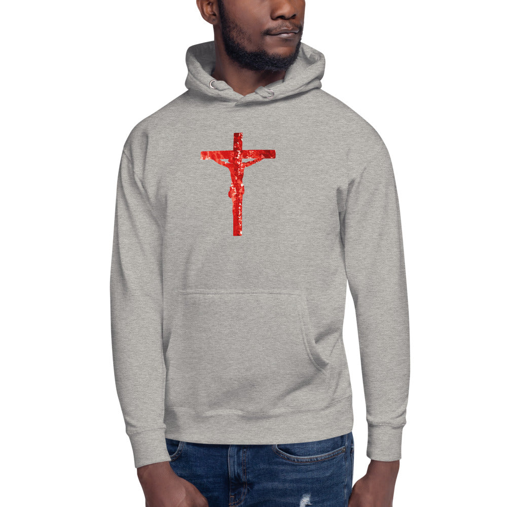 Unisex Grey Hoodie with Jesus Christ hanging on a Red Cross