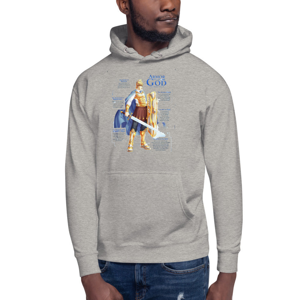 Grey Unisex hoodie with Be Brave and Armor of God in Blue and shield, helmet, breast plate and sword in Gold