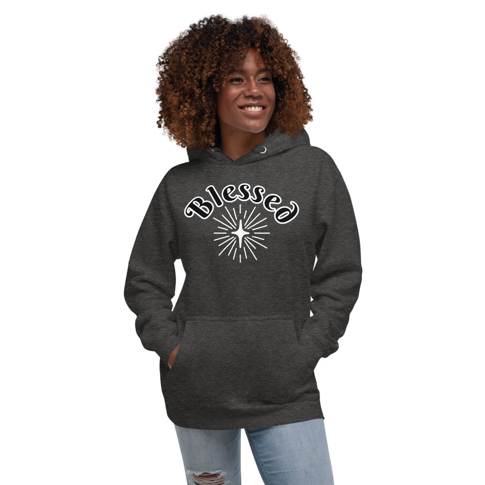 Unisex Charcoal Premium Hoodie with Blessed in Black and White and a White star