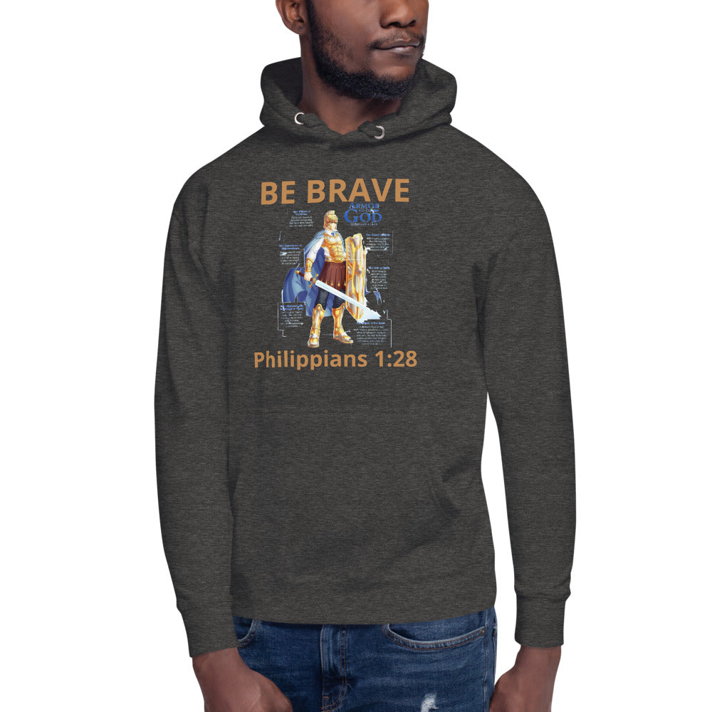 Charcoal Heather Unisex Hoodie with, Be Brave and The Armor of God on it