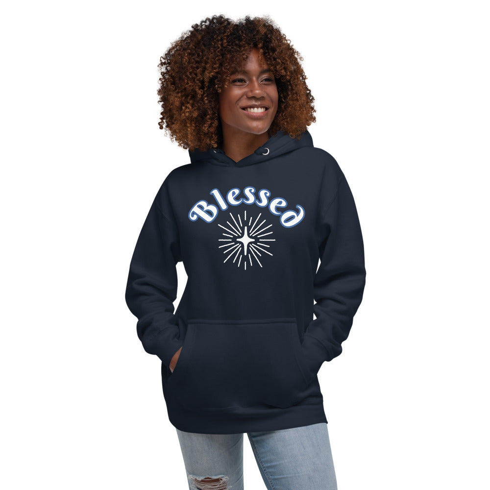 Unisex Navy Premium Hoodie with Blessed in White and Blue with a White star