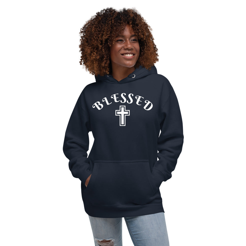 Navy Unisex Hoodie with Blessed written in White letters and a White cross