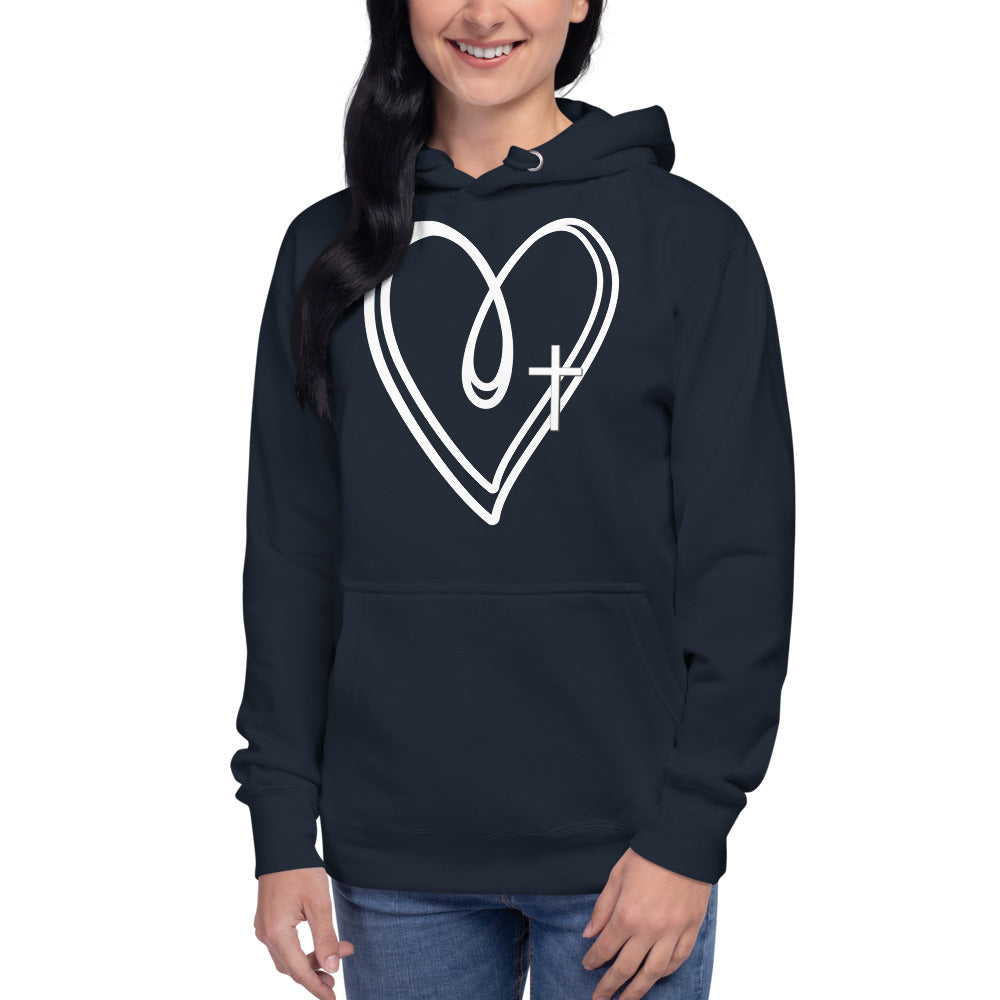 Unisex Navy Hoodie with two white hearts and a white cross