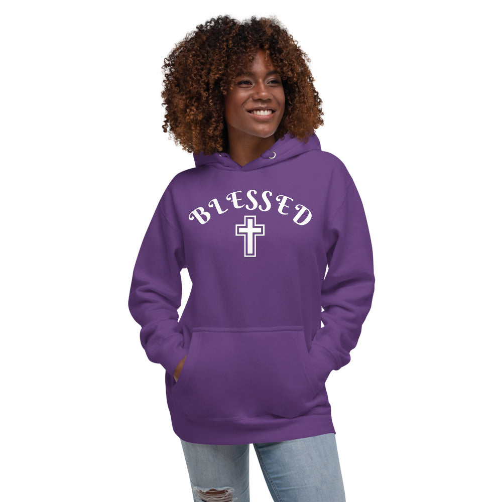 Purple Unisex Hoodie with Blessed written in White letters and a White cross