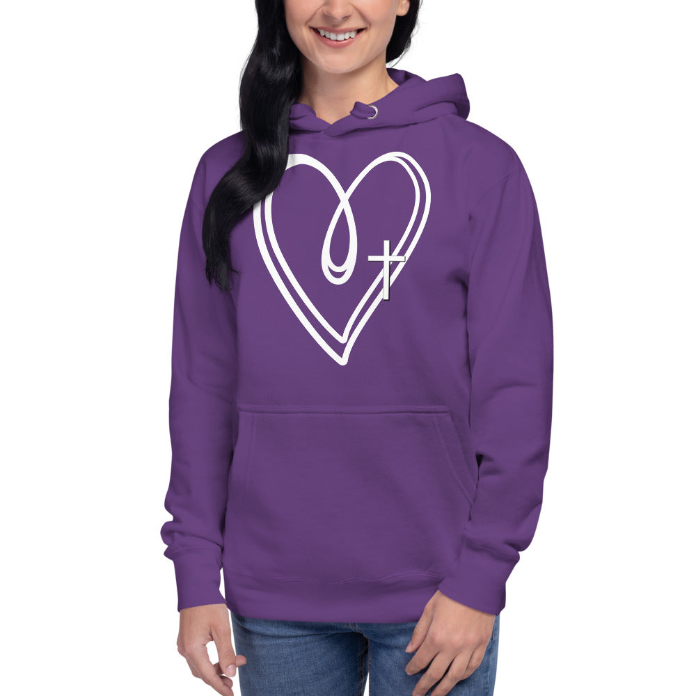 Unisex Purple hoodie with two white hearts with a white cross