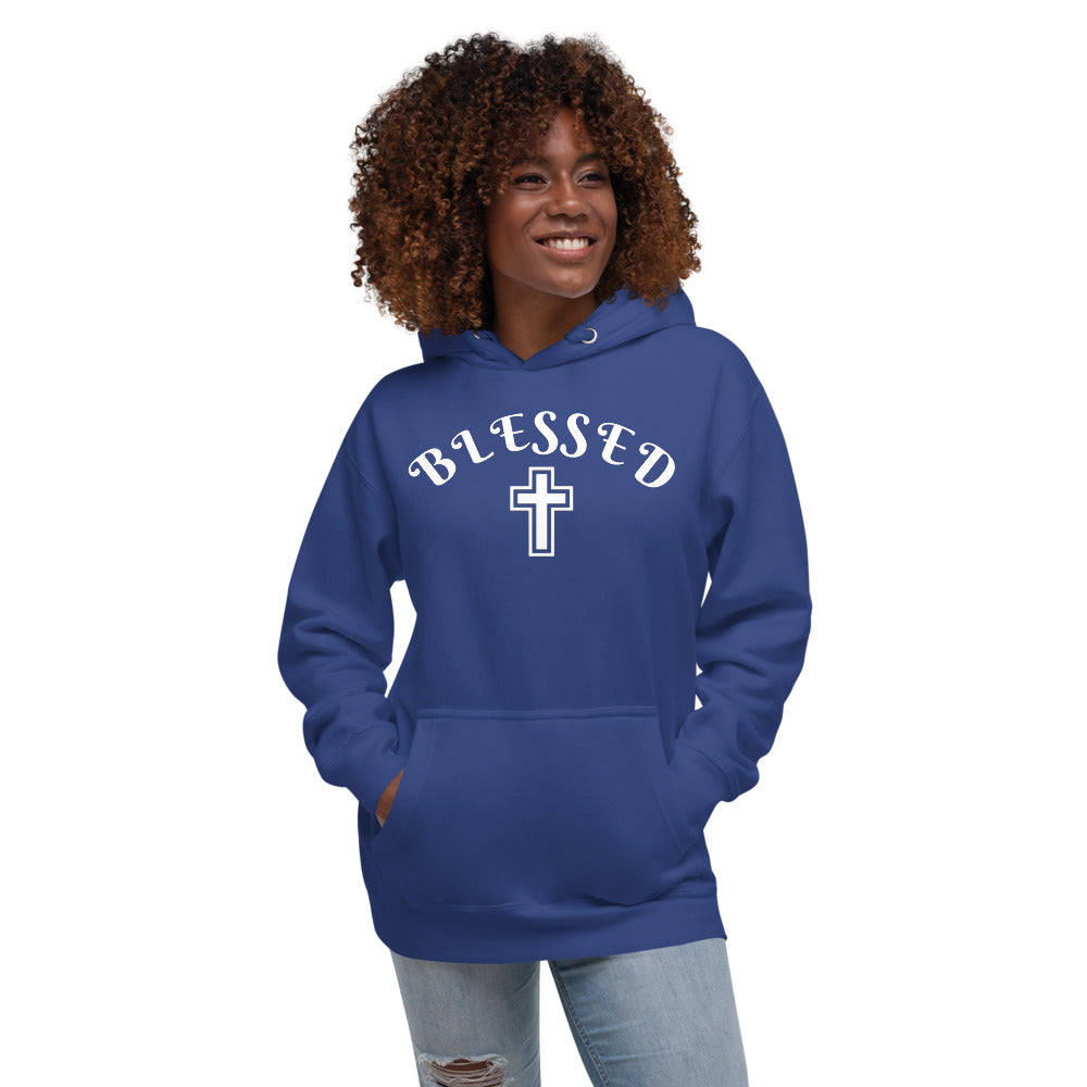 Royal Blue Unisex with Blessed written in White letters and a White cross
