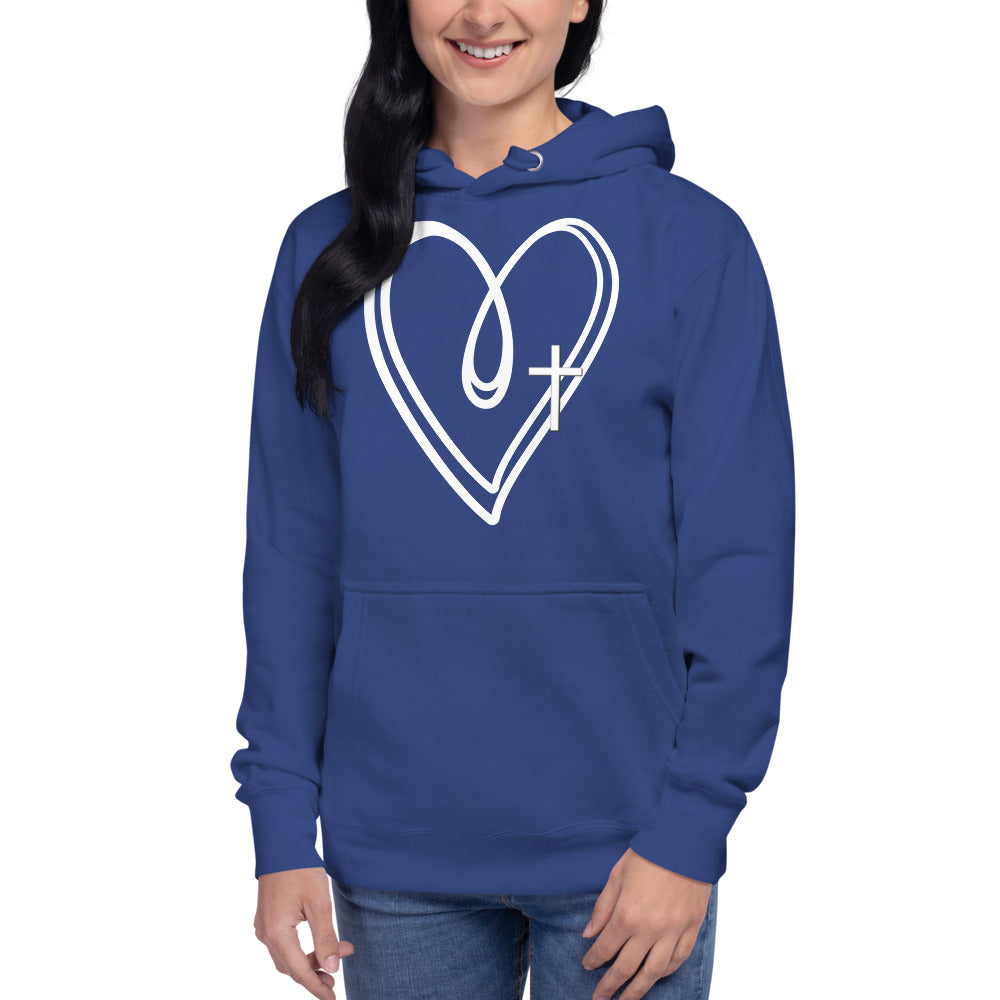 Unisex Blue hoodie with two white hearts and a white cross