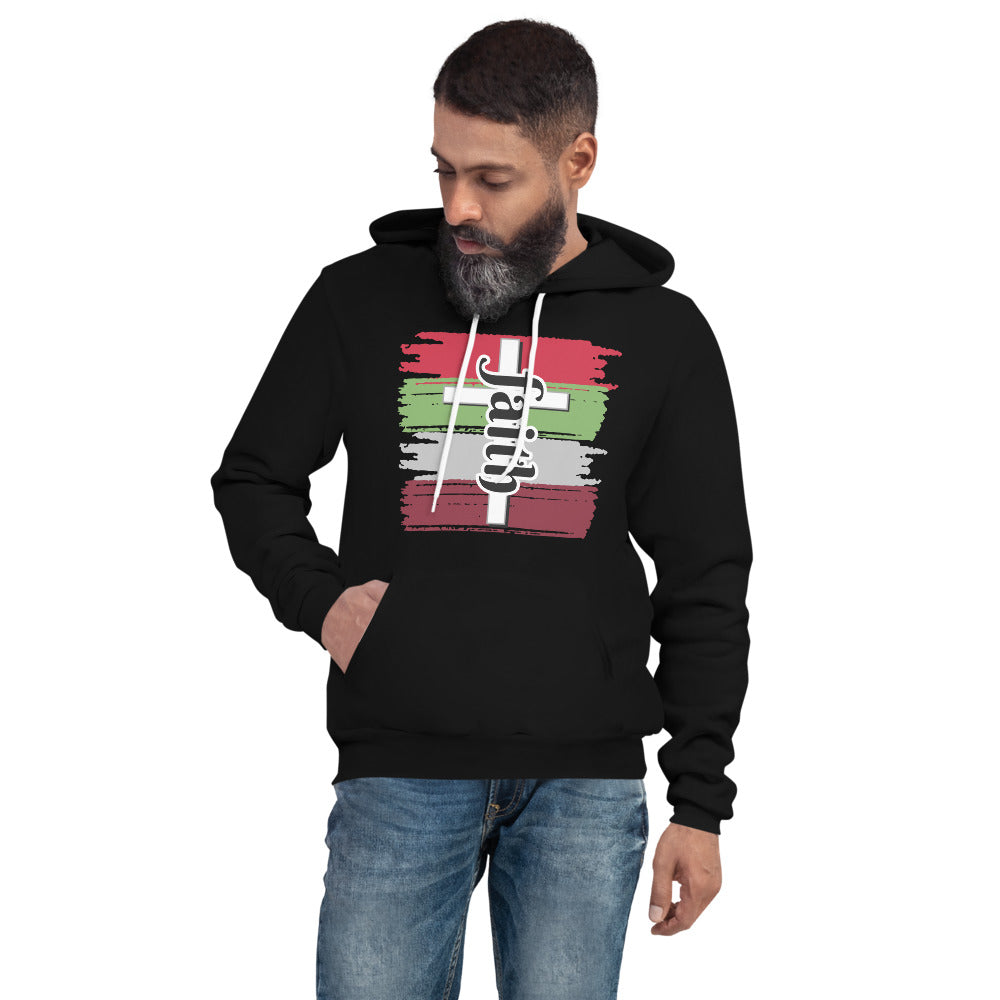 Unisex Black Hoodie with Faith in Black letters, White cross and four different brush colors